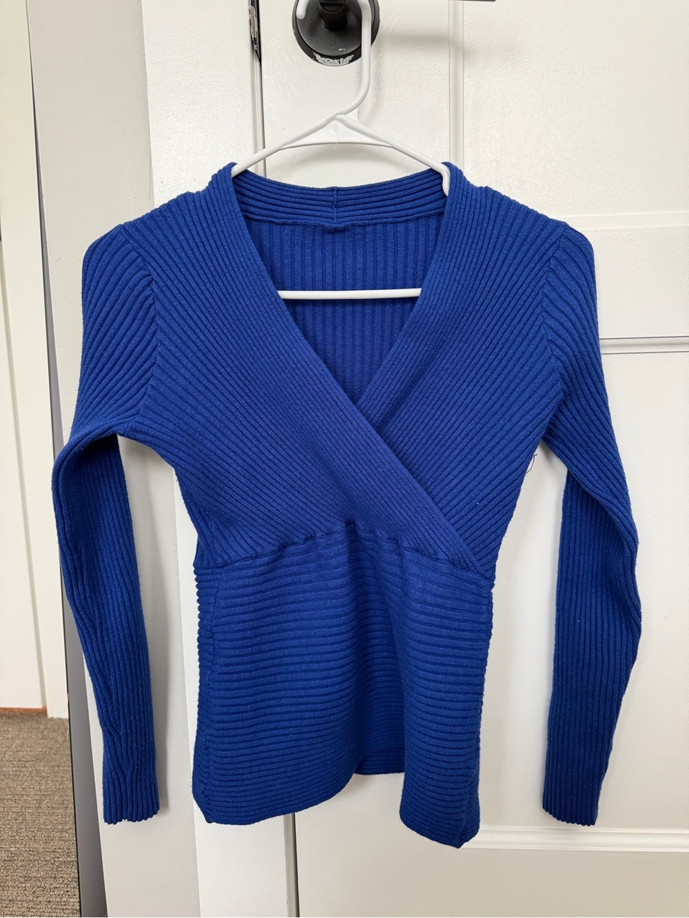 Blue Ribbed Wrap-Style Women's Sweater